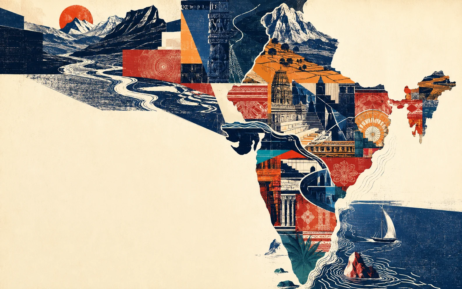 Conceptual Indian modernist atlas composed from landscapes and cultural fragments