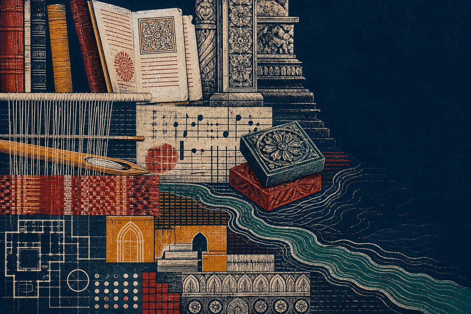 Modernist print collage of books, loom threads, music, architecture, and river lines forming a continuous weave