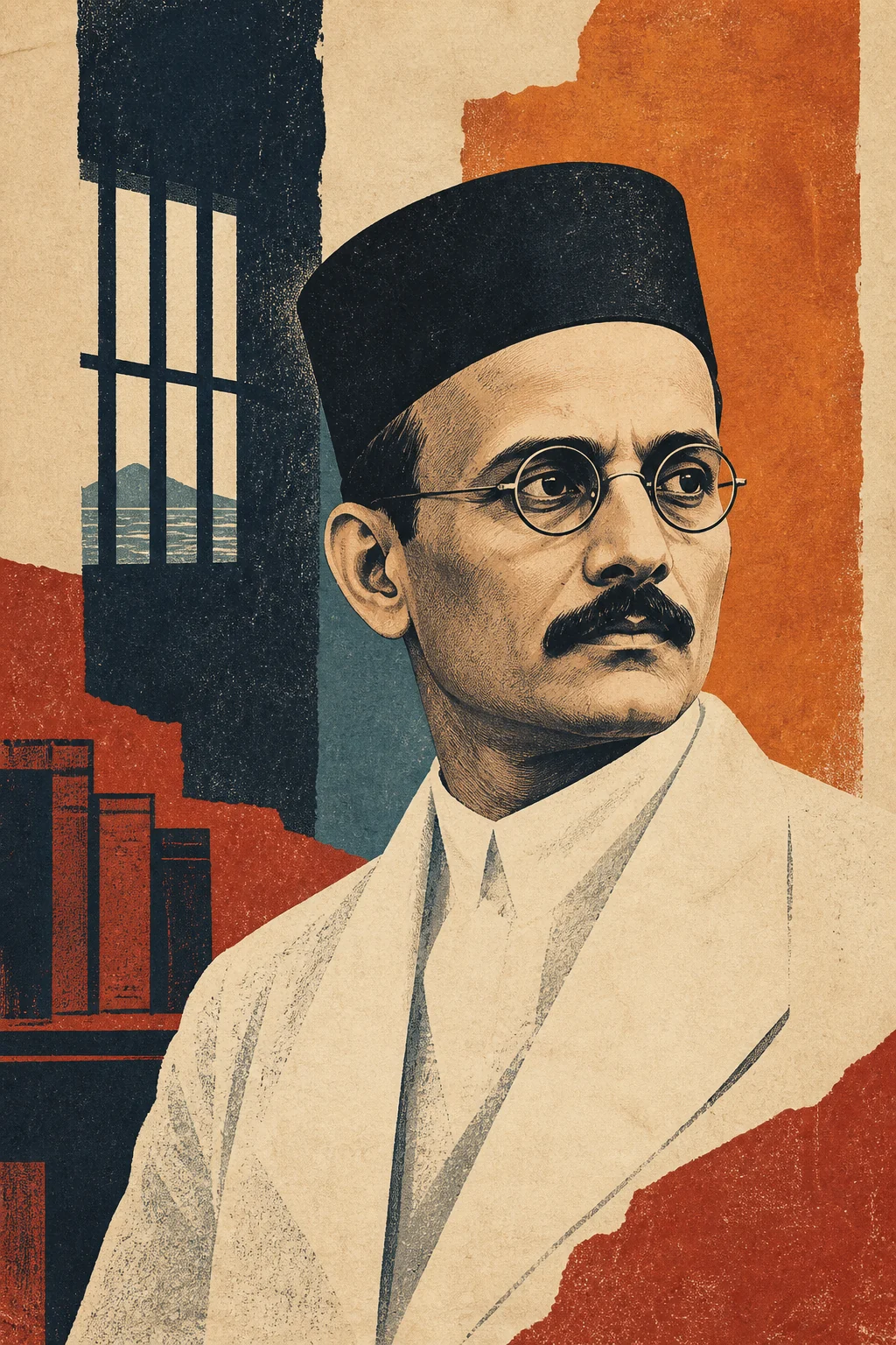 Interpretive modernist print portrait of Vinayak Damodar Savarkar wearing his black cap and round spectacles